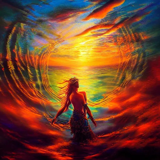 Image similar to warrior sea goddess full frame, beautiful composition, wide angle, colorful, cinematic, volumetric lighting, intricate details painting