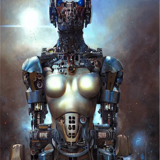 Prompt: the edge of the universe (on film), cybernetic cyborg warrior, by Robert McCall Bastien Lecouffe-Deharme