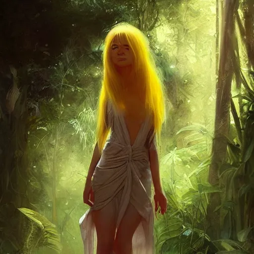 Image similar to wizard girl with long yellow hair wearing a dress in a jungle, beautiful girl, digital art, drawing, by artgerm, by wlop, by jeremy lipking, by greg rutkowski, trending on artstation, octane render, anime style