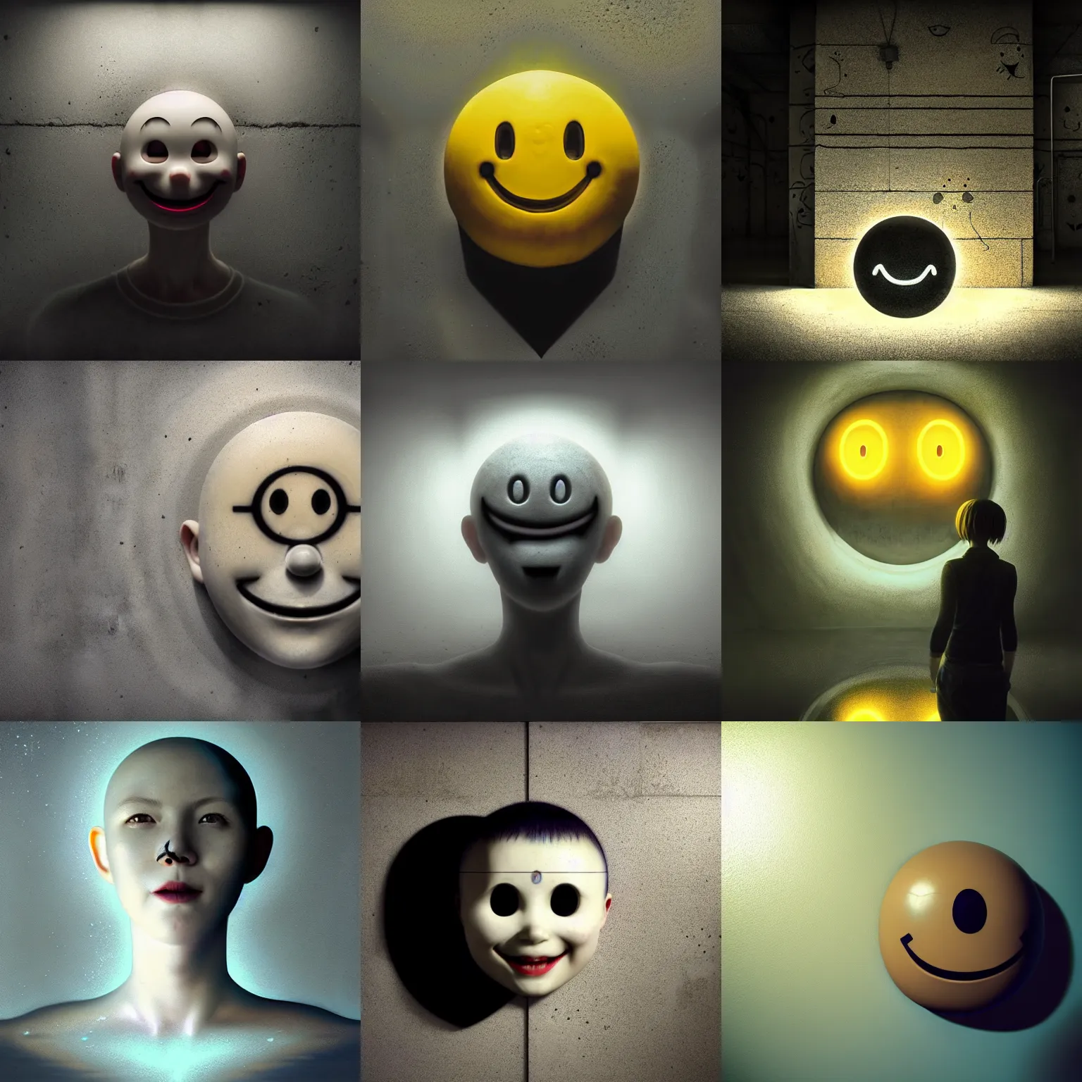 Prompt: floating smiley face head in an abandoned concrete room, lights on, surreal, phantasmagoric, by tom bagshaw and ilya kuvshinov, rtx rendering, octane render 1 2 8 k, maya, extreme high intricate details by wlop, digital anime art by ross tran, medium shot, composition by sana takeda, dramatic lighting by greg rutkowski