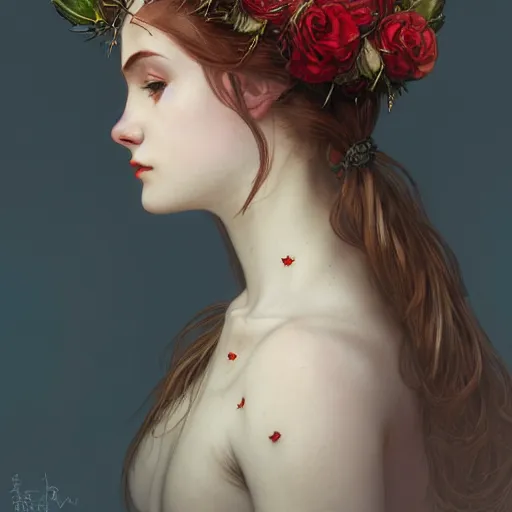 Prompt: portrait of beautiful vampire, flower crown, thorn everywhere, headshot, pale skin, 4k, rule of thirds, extreme detail, detailed drawing, trending artstation, hd, fantasy, D&D, realistic lighting, by Alphonse Mucha, Greg Rutkowski, sharp focus, backlit, bright red hair, thorn tattoos