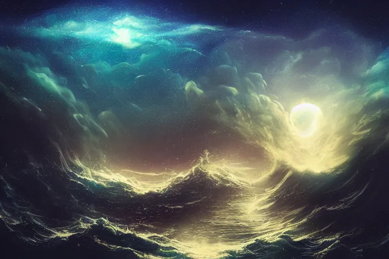 Prompt: glitched fantasy painting, the night sky is an upside down ocean, the stars are fish in the depths, the night sky is a sea, distant nebula are glowing algae, the moon is an anglerfish by jessica rossier