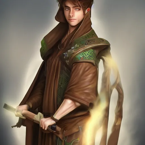 Image similar to realistic portrait, 25 years old man :: athletic fantasy mage :: green eyes, long brown hair :: wearing a brown robe :: high detail, digital art, RPG, concept art, illustration