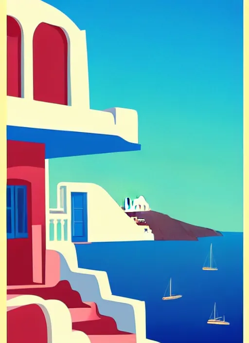 Image similar to a travel poster illustration depicting a house in santorini with an ocean view, vintage style, white architecture, digital painting, vector art, trending on artstration, by anton fadeev, by alena aenami