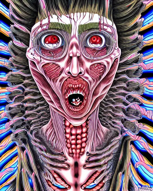 Prompt: Body breaking apart, Conjuring Psychedelic Illustration by Shintaro Kago, ultra realistic, highly detailed, hypermaximalist, 8k, symmetry, grotesque, vibrant,