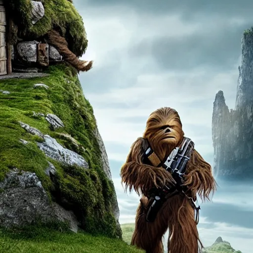 Prompt: promotional image of Chewbacca as Bilbo Baggins in The Hobbit: An Unexpected Journey (2012) directed by Peter Jackson, movie still, promotional image, imax 70 mm footage