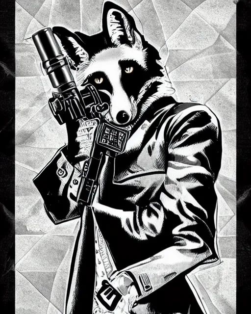 Image similar to a fox wearing a black trench - coat holding a diamond studded mini - gun, comic art style, digital art,