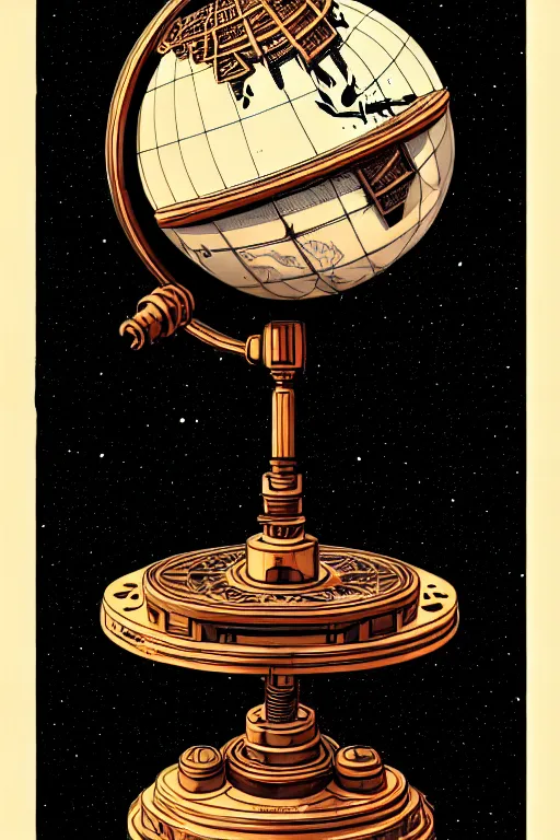 Image similar to ornate steampunk rotating globe on stand, high details, lineart, by vincent di fate, inking, 3 color screen print, masterpiece, trending on artstation, sharp, high contrast, hyper - detailed,, hd, 4 k, 8 k