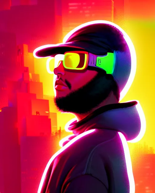 Prompt: neo - noir art style, hyper - realistic detailed portrait of a man in a hoodie, with neon visor, dynamic pose, symmetrical background, by atey ghailan, by greg rutkowski, by greg tocchini, by james gilleard, by joe fenton, by kaethe butcher, sharp focus