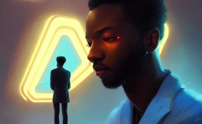 Image similar to portrait of handsome black genius staring intently in front of floating three dimensional holographic displays, elegant atmosphere, glowing lights, highly detailed, digital painting, artstation, concept art, smooth, sharp focus, illustration, art by wlop, mars ravelo and greg rutkowski