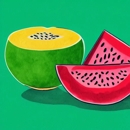 Prompt: retro, hd illustration of watermelons and lemons, mint leaves, inspired by watercolor masterpieces, matisse, colorful, happy, trending on artstation, 4 k