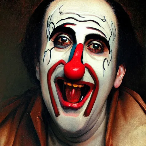 Image similar to detailing character concept portrait of Nicholas Cage acting as a clown by Caravaggio, on simple background, oil painting, middle close up composition, hyper realistic