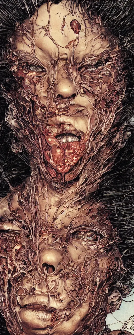 Image similar to closeup of face melting in agony, inside dark oil, frontal picture, by yoichi hatakenaka, masamune shirow, josan gonzales and dan mumford, ayami kojima, takato yamamoto, karol bak