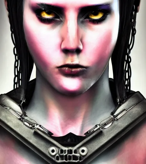 Image similar to detailed realistic female character cyberpunk wearing thick steel collar around neck, realistic, art, beautiful, 4K, collar, choker, collar around neck, punk, artstation, detailed, female, woman, choker, cyberpunk, neon, punk, collar, choker, collar around neck, thick collar, tight around neck, punk, neon,