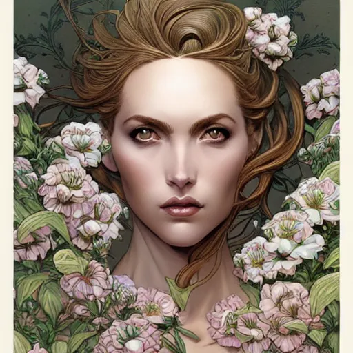 Prompt: a beautiful detailed front view portrait of a woman with ornate growing around, ornamentation, flowers, elegant, beautifully lit, artgerm, joshua middleton comic cover art,