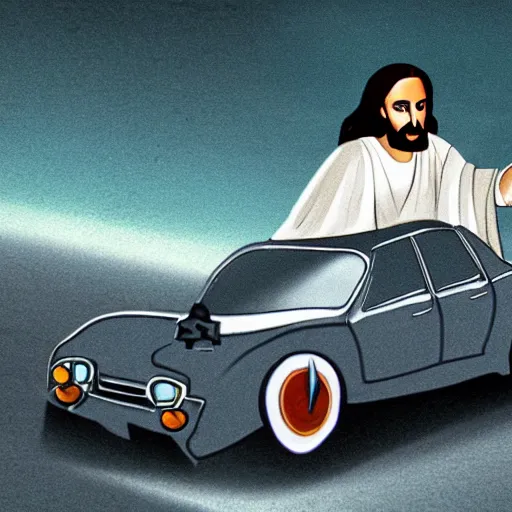 Image similar to jesus driving a car