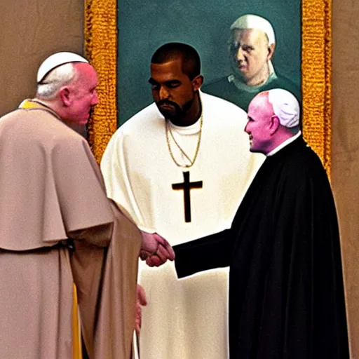 Image similar to a religious painting of john paul ii shaking hands with kanye west