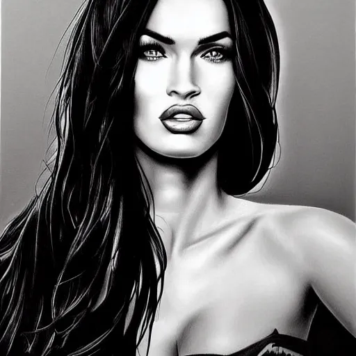 Image similar to megan fox portrait, hyper - realistic black and white drawing, amazing detail, in the style of den yakovelv