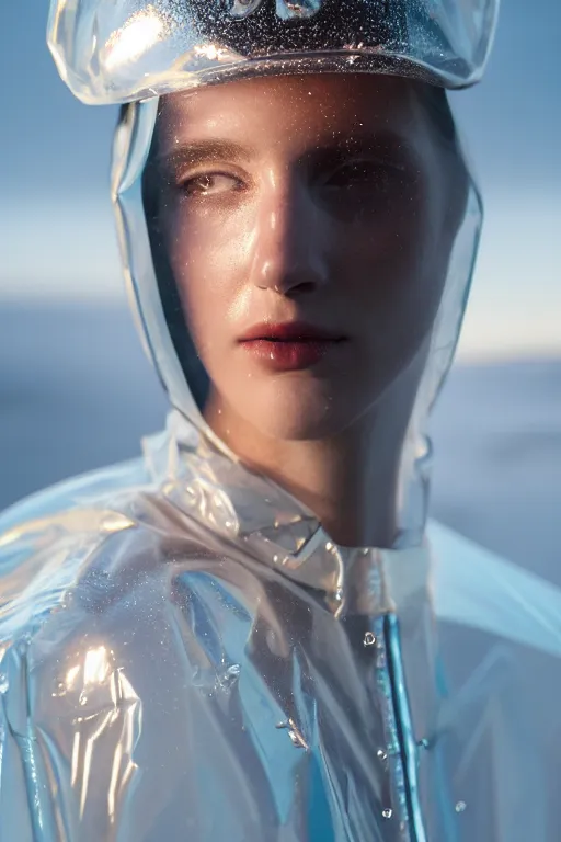 Image similar to an ultra high definition professional high fashion portrait studio full length photograph of a model wearing a transparent pearlescent raincoat and neon visor in an icelandic black rock environment at dawn. no artefacts. extremely detailed. stark. refraction. shallow depth of field. volumetric light and shadow. ray tracing. light rays.