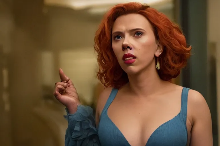 Image similar to scarlett johansson as an exaggerated caricature of a latina woman in the new movie directed by joss whedon, movie still frame, promotional image, critically condemned, top 6 worst movie ever imdb list, symmetrical shot, idiosyncratic, relentlessly detailed, limited colour palette