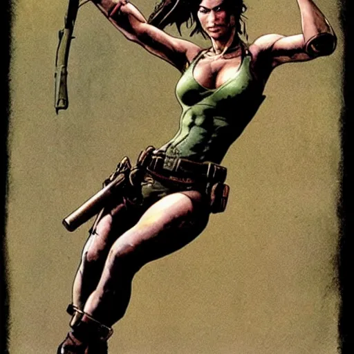 Prompt: lara croft by frank frazezetta