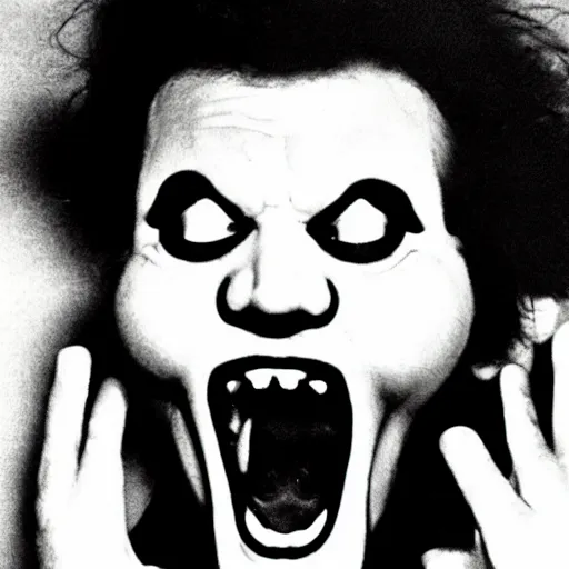 Image similar to creppy 2 0 0 3 photo of ronald mcdonald screaming in a dark room