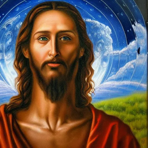 Image similar to a highly detailed oil painting of Jesus Christ with skull instead of face, standing inside the epicenter of thermonuclear blast mushroom on blue earth planet, going away, refusing to save humanity