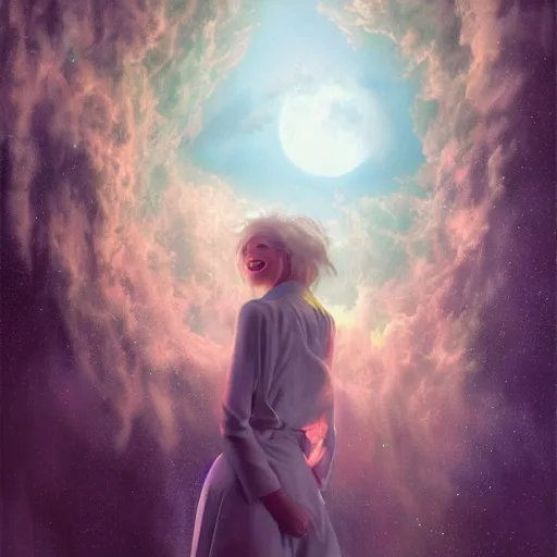 Prompt: 3 d, sci - fi, night, moon, moon rays, fashion model smiling face, cinematic, clouds, vogue cover style, realistic painting, intricate oil painting, high detail illustration, figurative art, multiple exposure, poster art, 3 d, by tooth wu and wlop and beeple and greg rutkowski