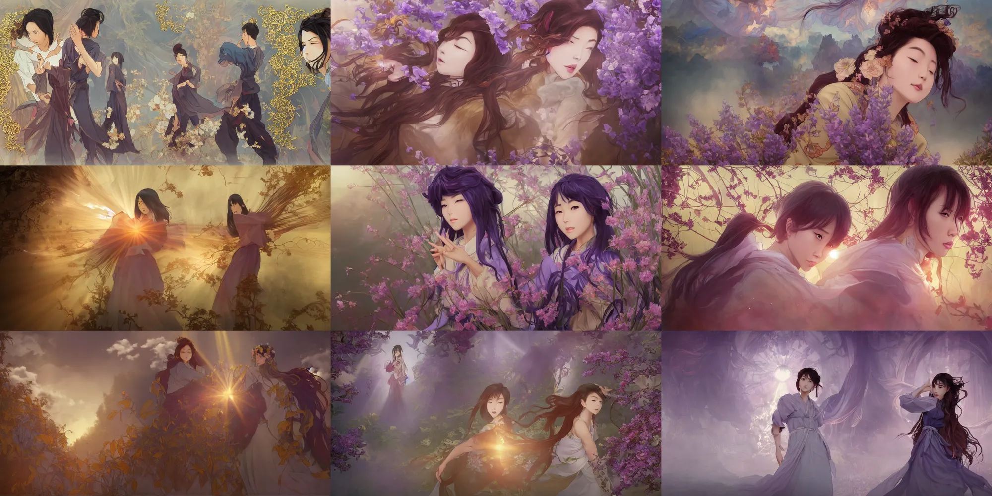 Prompt: Stills from the Chinese animated series Heaven Official's Blessing, god rays, dynamic poses, bloom, volumetric fog, moody ambiance, cinematic lighting, twilight, sunset, rose and lavender and amber color grading, Artgerm, Sakimichan, Alphonse Mucha, fantasy, portfolio illustration, highly detailed, trending on Artstation, CGsociety, HQ, 8k, 35mm lens, f2.8, Bokeh,