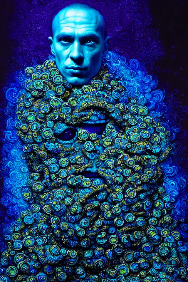 Prompt: bizarre blue blacklight detailed renaissance portrait of cookie monster as a highly detailed realistic real life person, dramatic cinematic lighting, 8 k, beautiful intricate painting by james r eads and tomasz alen kopera