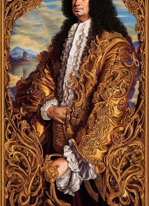 Image similar to beautiful baroque oil painting, full length portrait of Dwayne the rock Johnson as Louis xiv in coronation robes 1701, Dan Mumford, Dan Mumford, Alex grey, Alex grey, highly detailed , lsd visuals, dmt fractal patterns, hallucinogen, visionary art, psychedelic art, ornate, vaporwave