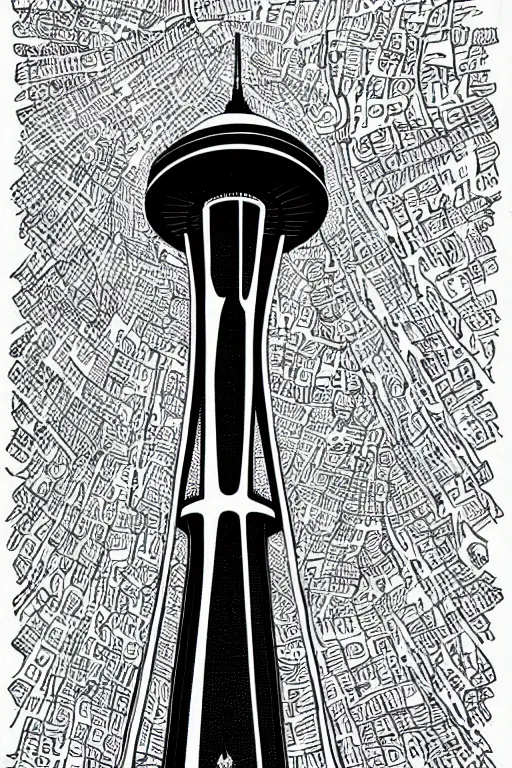 Image similar to space needle in detailed pen and ink drawing style