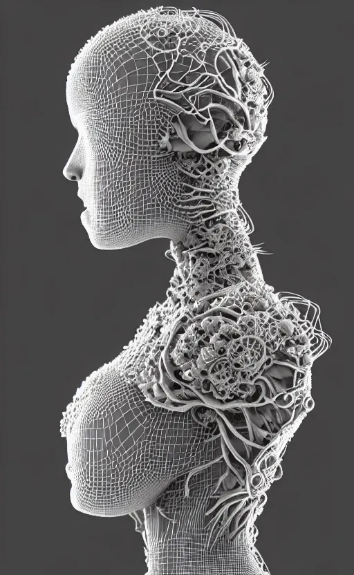 Image similar to complex 3d render of a beautiful profile woman face, vegetal dragon cyborg, 150 mm, beautiful natural soft light, rim light, silver details, magnolia stems, roots, fine lace, maze like, mandelbot fractal, anatomical, facial muscles, cable wires, microchip, elegant, highly detailed, white metallic armour, smoke vapour tornado, octane render, black and white, H.R. Giger style