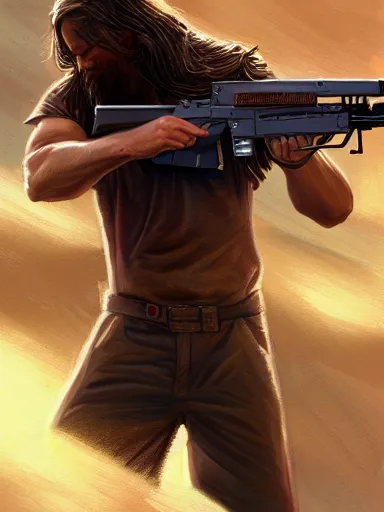 Image similar to jesus christ firing ak - 4 7. intricate, elegant, highly detailed, digital painting, artstation, concept art, sharp focus, illustration, by justin gerard and artgerm, 8 k