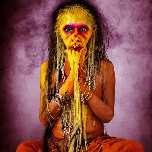 Image similar to realistic expired kodak film portrait of aghori tantrik albino india woman, tentacled creature mix, marigold celestial vibe, hyperrealism, hypermaxiymalism, photorealistic, detailed, atmospheric, 8 k, award winning photography, cinematic