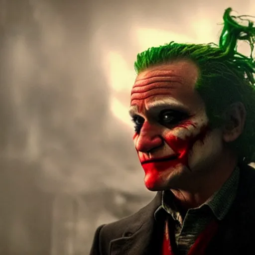 Image similar to stunning awe inspiring ( robin williams ) as the joker 8 k hdr movie still atmospheric lighting