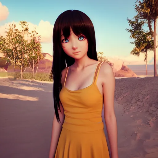 Image similar to Render of a very beautiful 3d anime girl, long hair, hazel eyes, cute freckles, full round face, short smile, cute sundress, golden hour, serene beach setting, medium shot, mid-shot, highly detailed, trending on Artstation, Unreal Engine 4k