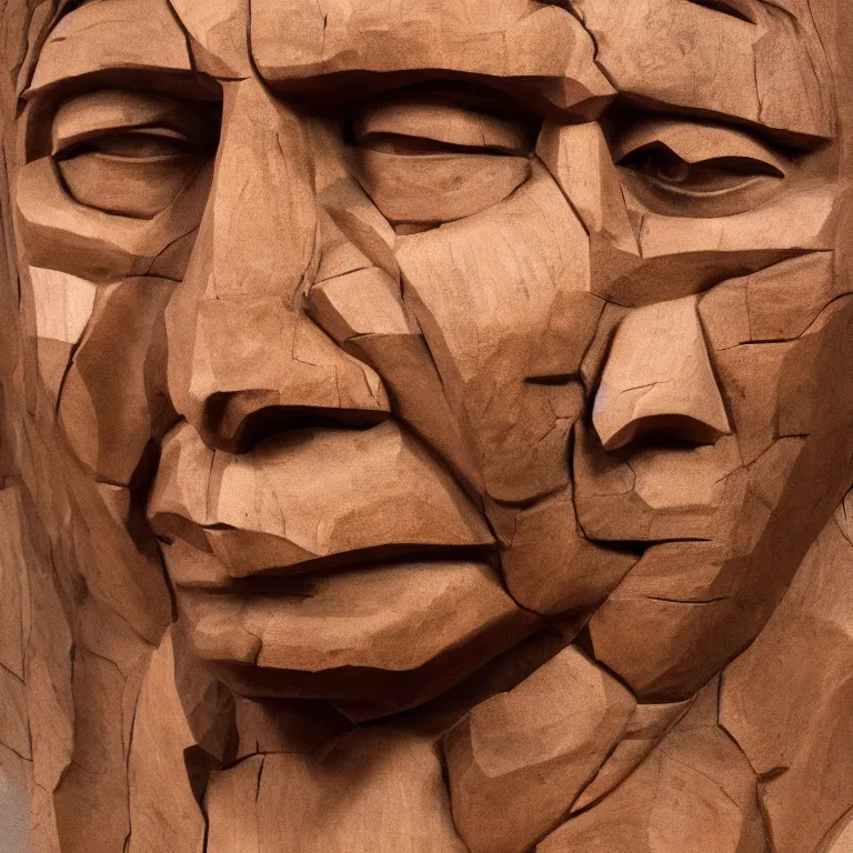 Prompt: public sculpture minimalist bust portrait of a powerful navajo man, beautiful symmetrical face accurate face detailed face realistic proportions, carved out of juniper wood on a pedestal by stephan balkenhol and martin puryear and ron mueck, hyperrealistic dramatic lighting shocking detail trending on artstation 8 k