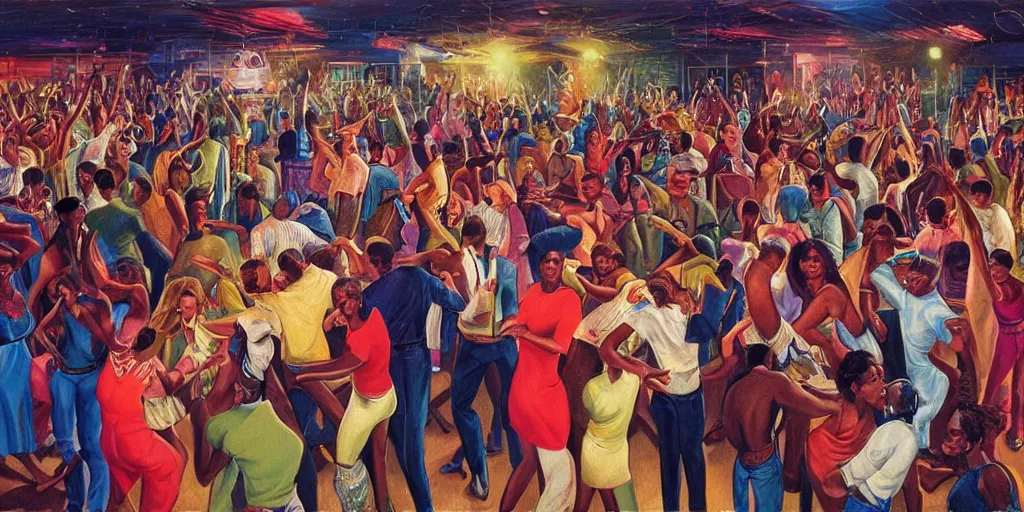 Prompt: a crowd of people dancing underneath a disco ball, painting by ernie barnes, super - detailed, a lot of tiny details, fullshot