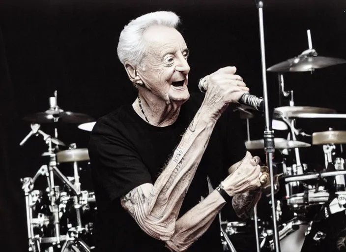 Image similar to publicity photo still of bob barker in a death metal band playing live on stage, 8 k, live concert lighting, mid shot