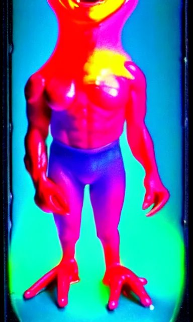 Image similar to colorful crystal gary busey creature, 9 0 s toy commercial, photo from the 7 0 s, horror lighting, neon lighting, polaroid photo,