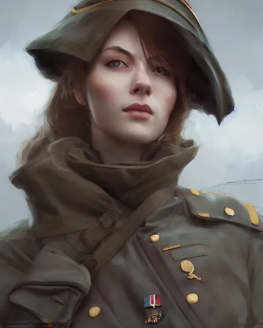 Image similar to beautiful nordic woman wearing world war 1 uniform, beautiful, detailed portrait, cell shaded, 4 k, concept art, by wlop, ilya kuvshinov, artgerm, krenz cushart, greg rutkowski, pixiv. cinematic dramatic atmosphere, sharp focus, volumetric lighting, cinematic lighting, studio quality