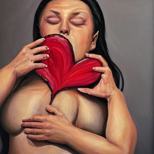 Image similar to hyper - detailed painting of a woman ripping out her heart!