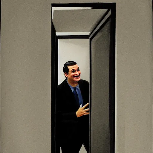 Image similar to Ted Cruz with a wide grin peaking through a door in the distance at the end of a narrow corridor, black and white, creepy lighting, scary, horror, ornate, eerie, fear, oil painting