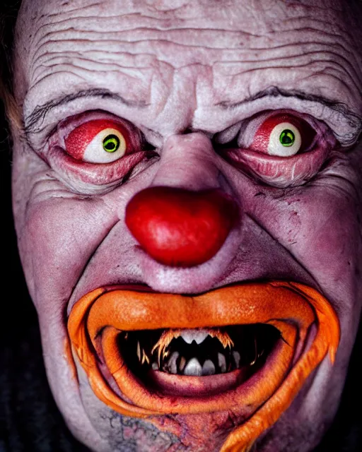 Image similar to portrait of an ugly old possessed clown crying. ugly, creepy, demonic, horror. cinematic lighting. photographic, photography. by justin roiland