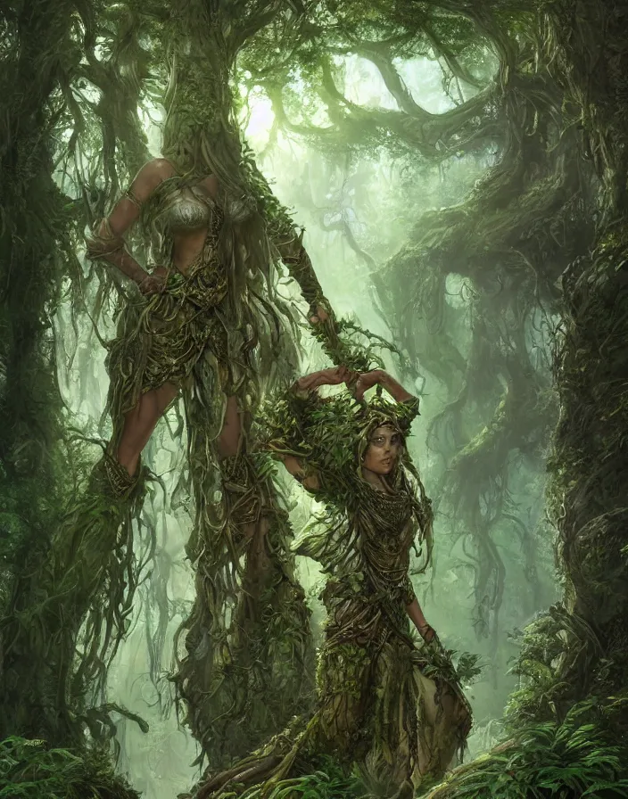 Prompt: a woman tree druid with fern clothing, fully clothed, two arms, standing in front of a sprawling forest temple, D&D, fantasy, intricate, cinematic lighting, highly detailed, digital painting, artstation, concept art, smooth, sharp focus, illustration, art by Justin Gerard