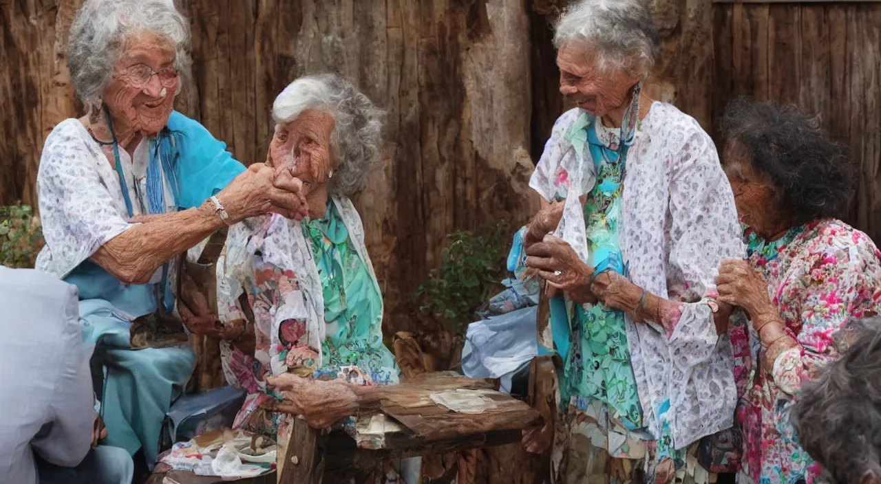 Image similar to one old woman giving a jewel to one young man