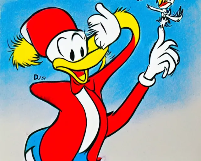 Image similar to A Dr. Seuss style drawing of Donald Duck