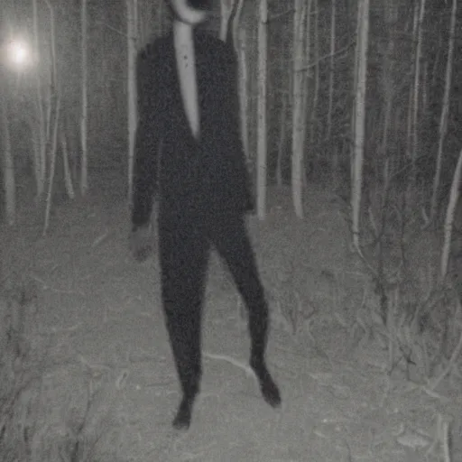 Prompt: a smudged, scratched, grainy and blurry photograph showing the whole body of a slender man dynamically and frenetically moving in a dark room. his dance is wild and unpredictable. in the creepy woods, night time, flash lights.