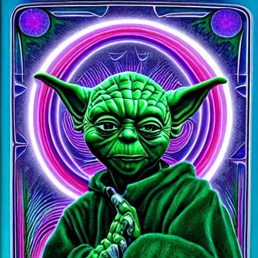 Image similar to yoda by alex grey